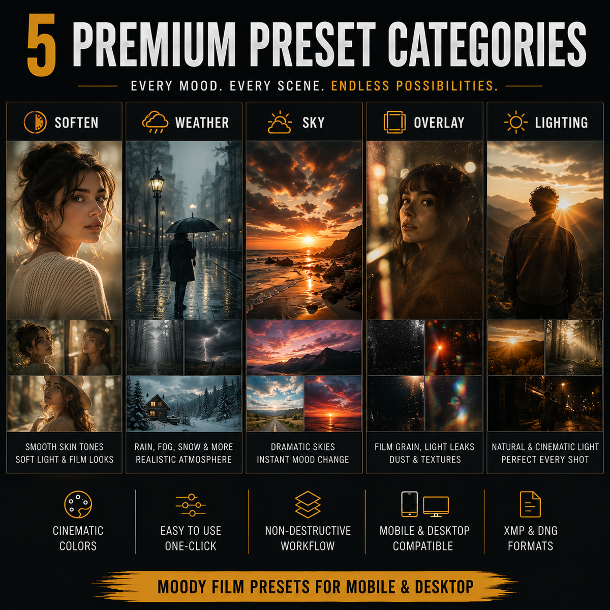 Promotional graphic for premium photo editing presets, showing five categories: Soften, Weather, Sky, Overlay, and Lighting. The layout features a grid of before-and-after mood images with warm cinematic tones, accompanied by text describing the effects and compatibility for mobile and desktop.