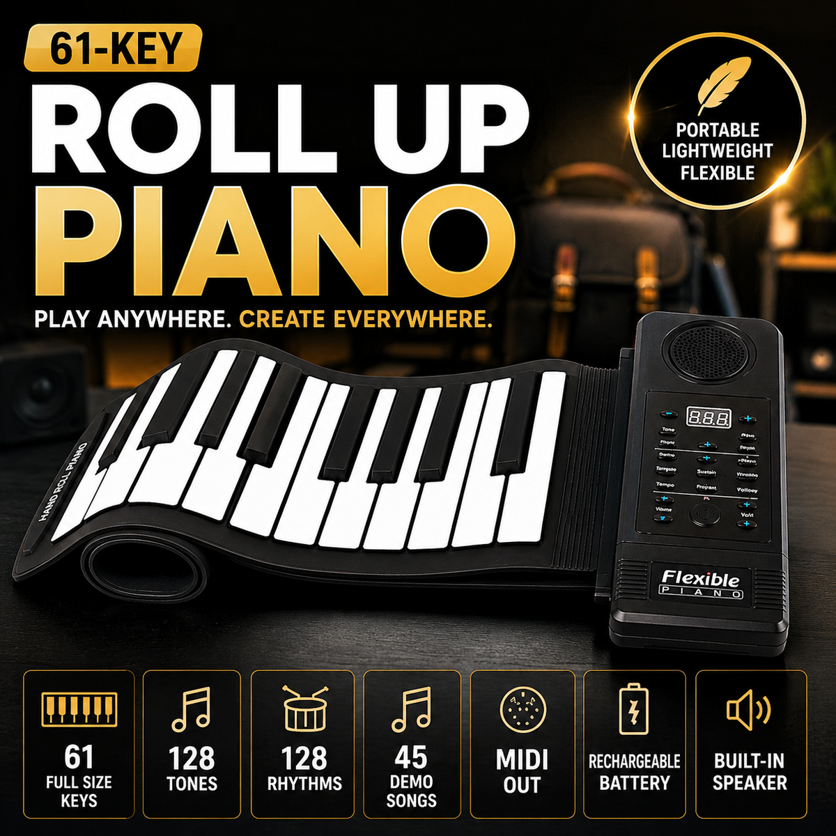 A portable roll-up piano shown on a dark stage-like background with promotional text and feature icons. The product consists of a black and white flexible keyboard body with an attached black control panel.