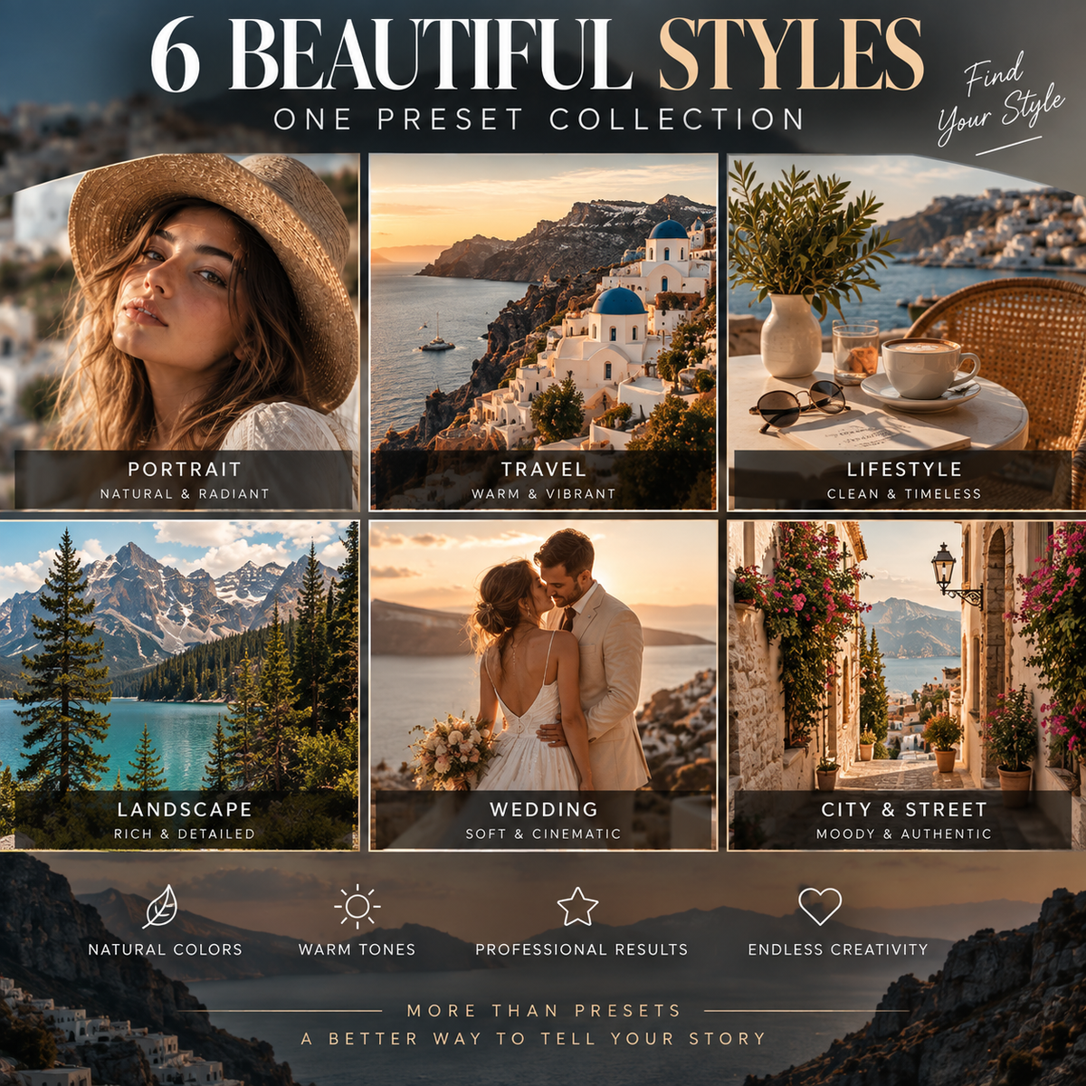Promotional graphic for a preset collection titled '6 Beautiful Styles One Preset Collection,' showing six scenic and portrait-style example panels labeled Portrait, Travel, Lifestyle, Landscape, Wedding, and City & Street, with marketing text below.
