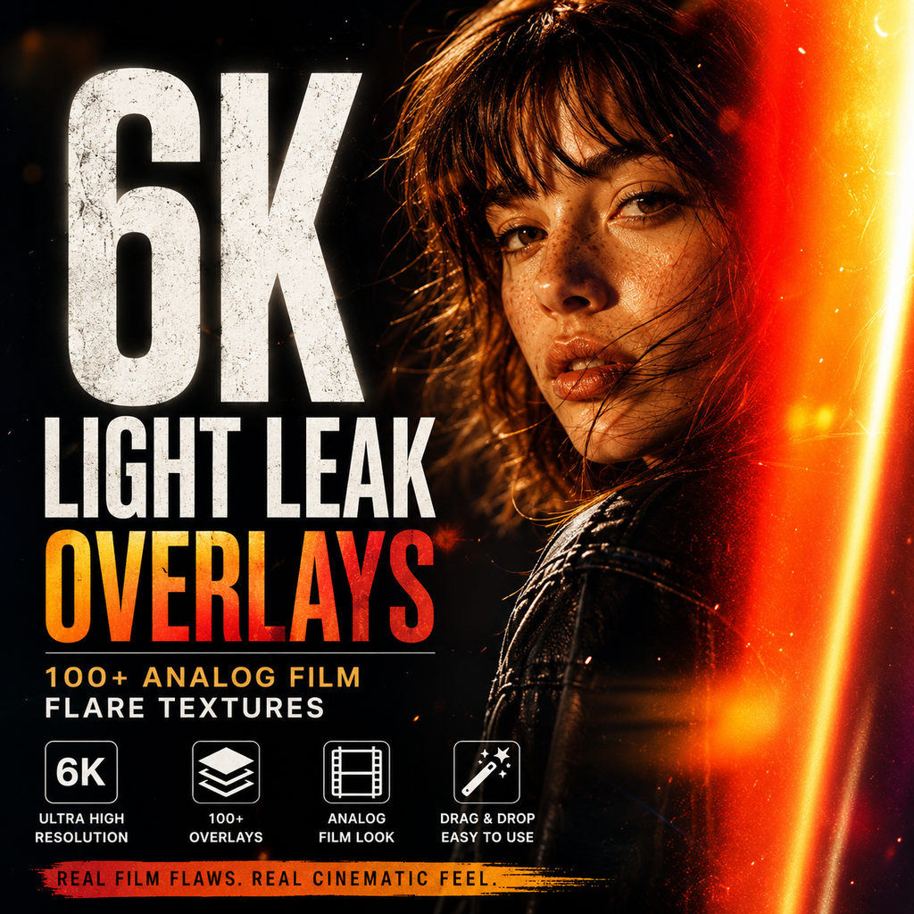 Promotional graphic for a digital product called '6K Light Leak Overlays'. The image features a cinematic, dark aesthetic with a woman's face on the right side, overlaid with a bright orange and red light leak effect.