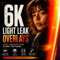 Promotional graphic for a digital product called '6K Light Leak Overlays'. The image features a cinematic, dark aesthetic with a woman's face on the right side, overlaid with a bright orange and red light leak effect.