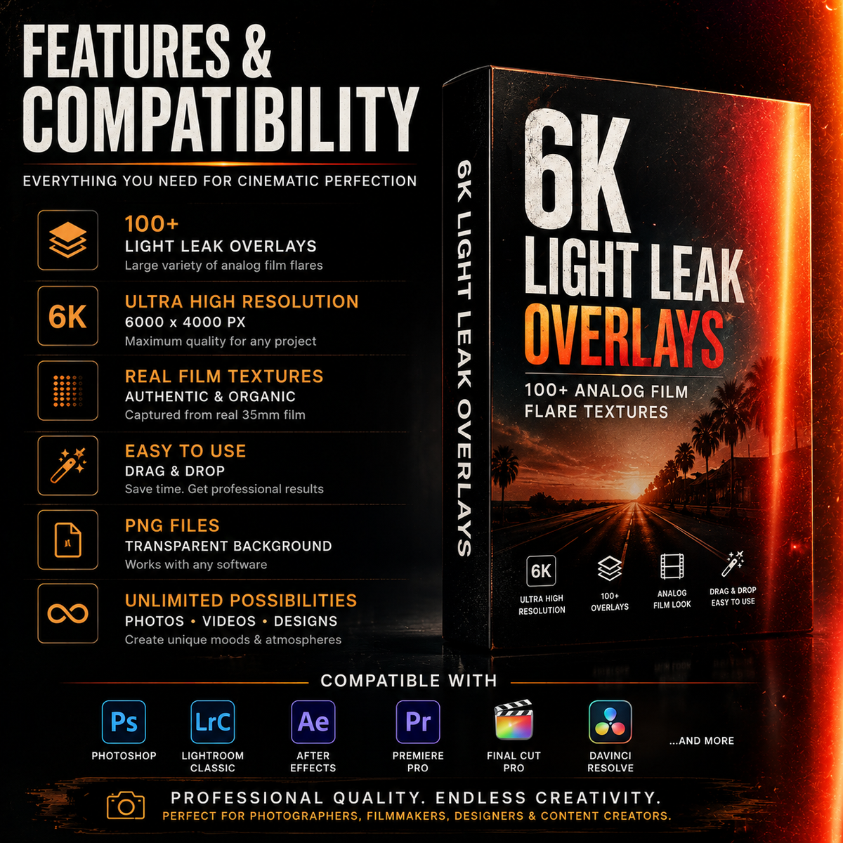 Digital product cover for '6K Light Leak Overlays' showing a dark promotional layout with text, feature icons, compatibility logos, and a glowing orange light leak effect on a road scene.