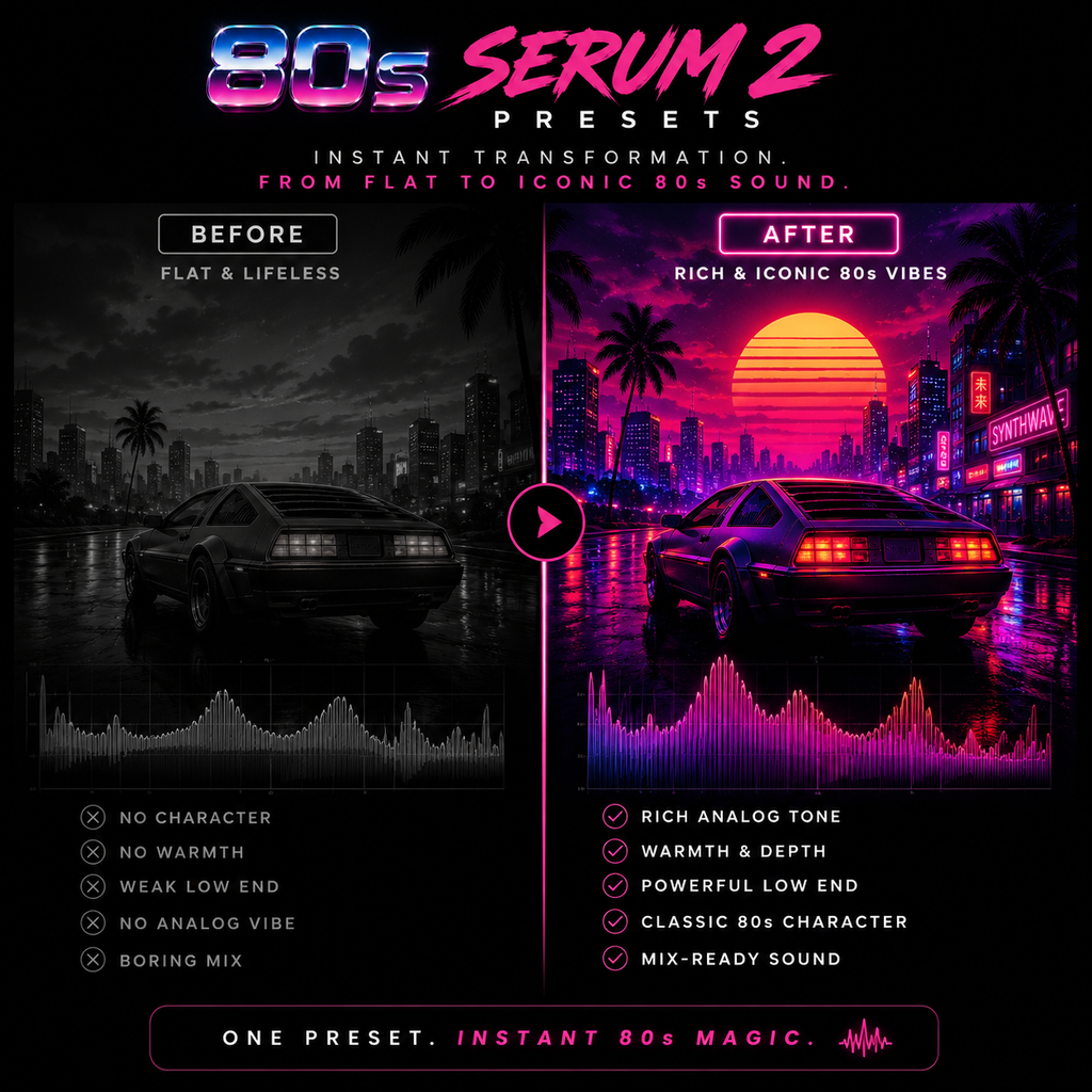 Promotional graphic for '80s Serum 2 Presets' showing a before-and-after comparison of a car in a neon-lit city scene. The left side is labeled 'Flat & Lifeless' in grayscale, while the right side is labeled 'Rich & Iconic 80s Vibes' in vivid pink, purple, and orange tones.