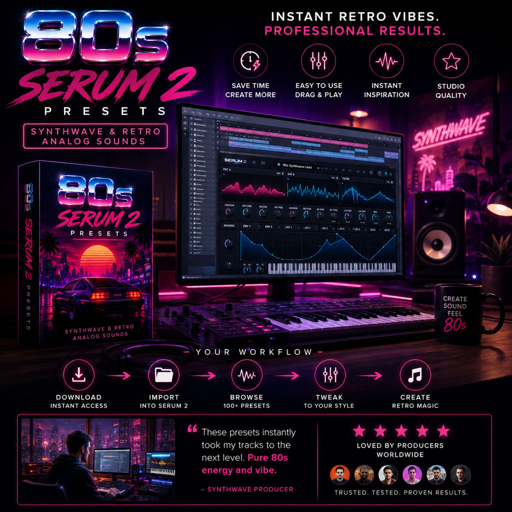 Promotional graphic for '80s Serum 2 Presets' by Synthwave, showing a computer monitor with audio waveforms, a keyboard, speakers, a mug, and a software box on a dark neon-lit desk setup. Text highlights instant retro vibes, professional results, and workflow steps for downloading and using the presets.