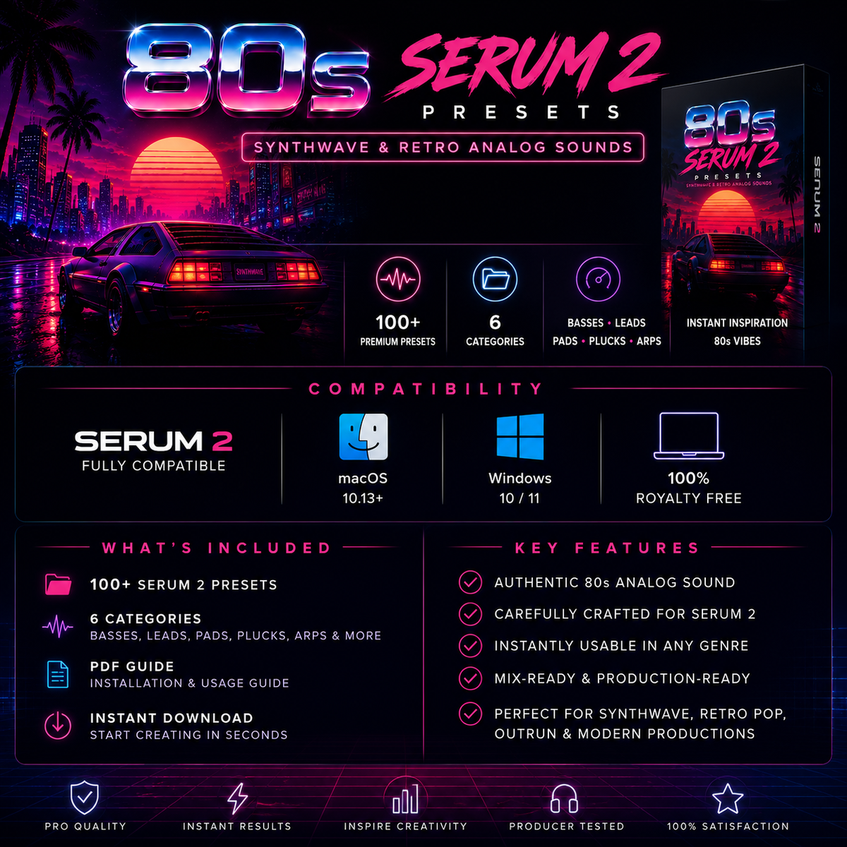 Promotional graphic for '80s Serum 2 Presets' showing a neon synthwave car scene, compatibility badges for Serum 2, Windows, macOS, and iOS, and feature callouts for included presets, categories, PDF guide, and key features.