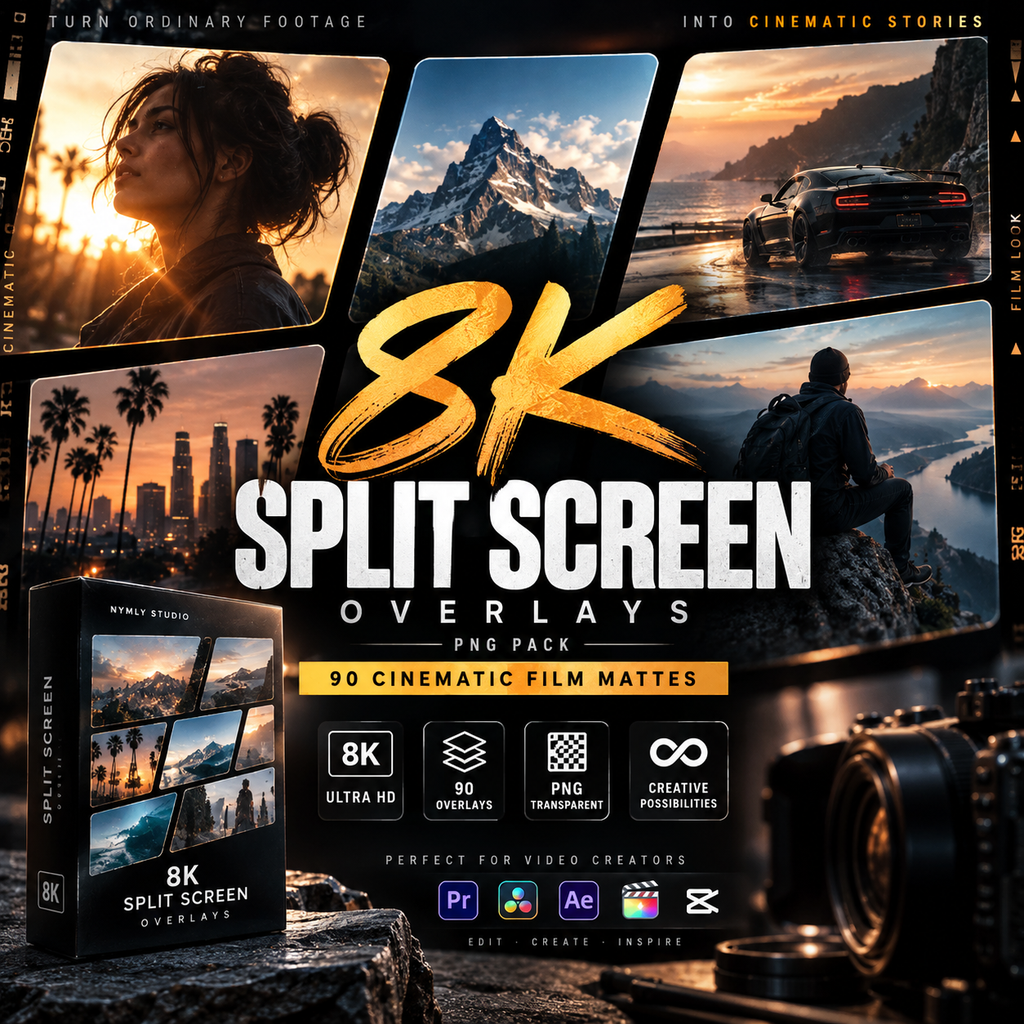 Promotional graphic for a digital video overlay pack titled '8K SPLIT SCREEN OVERLAYS PNG PACK' with a black box mockup, multiple cinematic scene thumbnails, and editing software icons. The design uses a dark film-strip border and includes visible text such as '90 CINEMATIC FILM MATTES' and 'PERFECT FOR VIDEO CREATORS'.