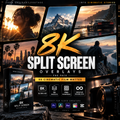 Promotional graphic for a digital video overlay pack titled '8K SPLIT SCREEN OVERLAYS PNG PACK' with a black box mockup, multiple cinematic scene thumbnails, and editing software icons. The design uses a dark film-strip border and includes visible text such as '90 CINEMATIC FILM MATTES' and 'PERFECT FOR VIDEO CREATORS'.