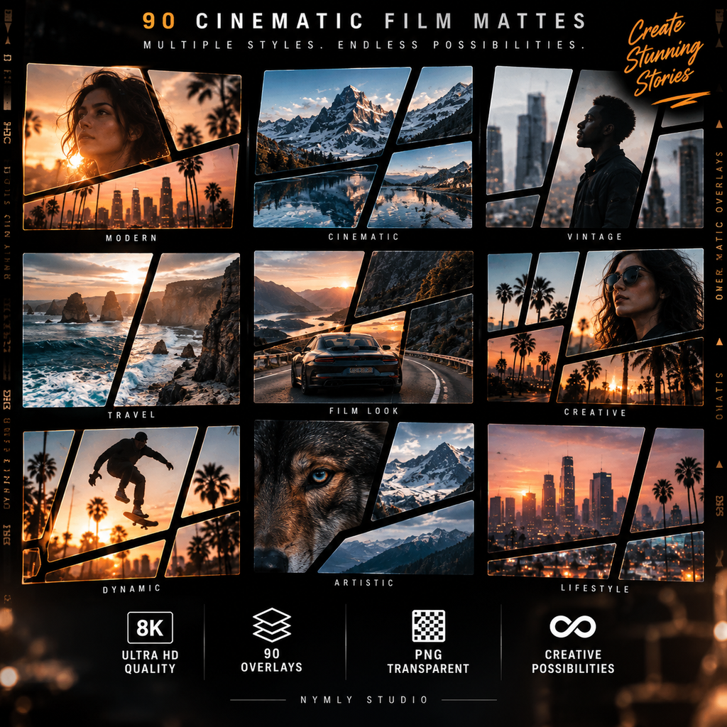 Promotional graphic for a set of 90 cinematic film matte overlays. The image features a 3x3 grid of ten sample images showcasing different styles (Modern, Cinematic, Vintage, Travel, Film Look, Creative, Dynamic, Artistic, Lifestyle) with dramatic, high-contrast film-grain effects.