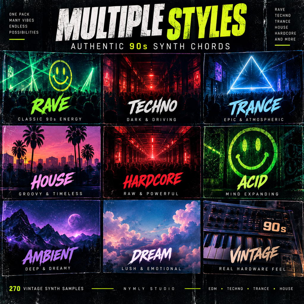 Promotional graphic for a music sample pack titled 'Multiple Styles: Authentic 90s Synth Chords' by Nymly Studio. The design shows a 3x3 grid of six neon-style album-cover thumbnails labeled Rave, Techno, Trance, House, Hardcore, and Acid, plus Ambient, Dream, and Vintage styles.