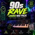 Promotional cover art for a 90s rave chord wav pack by Nymly Studio, featuring a neon-lit synth keyboard, headphones, and text advertising 270 vintage synth samples in EDM, techno, trance, and house music.