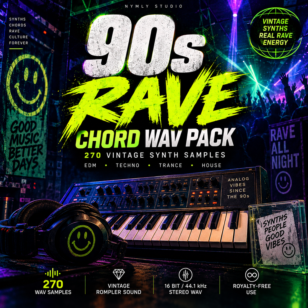 Promotional cover art for a 90s rave chord wav pack by Nymly Studio, featuring a neon-lit synth keyboard, headphones, and text advertising 270 vintage synth samples in EDM, techno, trance, and house music.