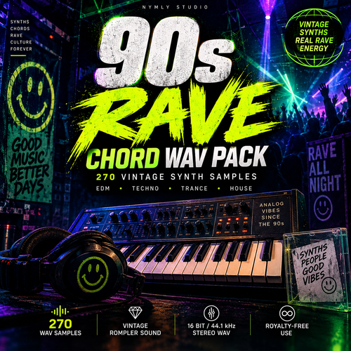 Promotional cover art for a 90s rave chord wav pack by Nymly Studio, featuring a neon-lit synth keyboard, headphones, and text advertising 270 vintage synth samples in EDM, techno, trance, and house music.