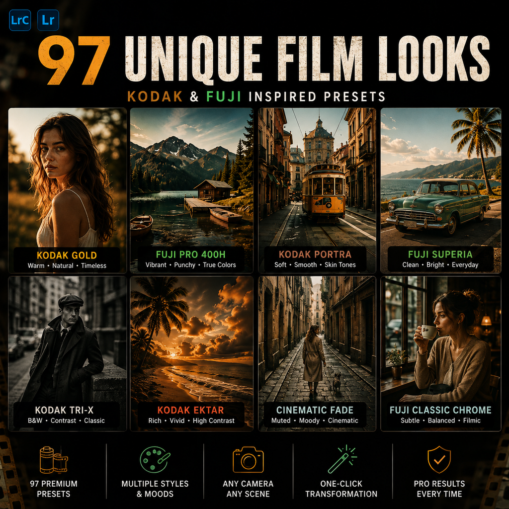 Promotional graphic for a preset pack showing 97 unique film looks inspired by Kodak and Fuji. The design features a grid of eight warm-toned landscape and portrait presets with labels such as Kodak Gold, Fuji Pro 400h, Kodak Portra, Fuji Superia, Kodak Tri-X, Kodak Ektar, Cinematic Fade, and Fuji Classic Chrome.
