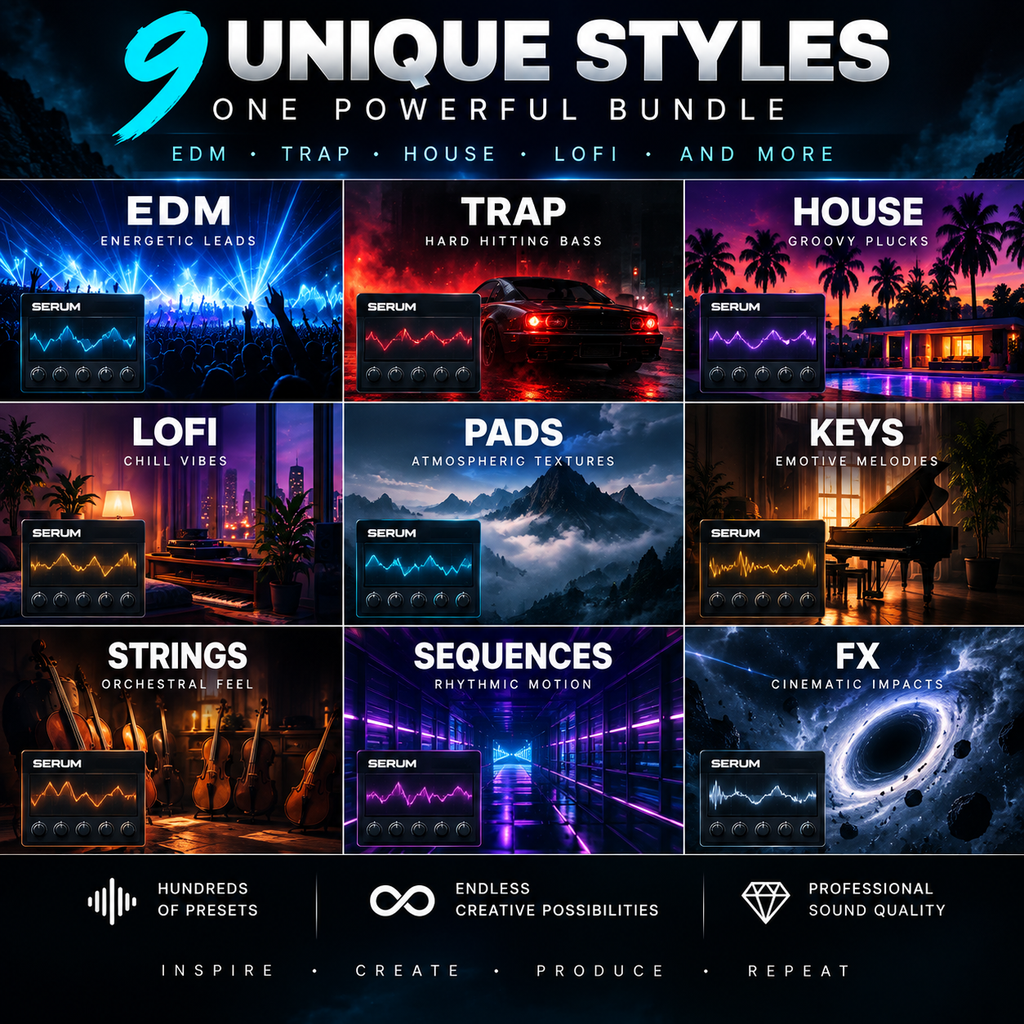 Promotional graphic for a digital audio preset bundle titled '9 UNIQUE STYLES ONE POWERFUL BUNDLE'. The image displays a 3x3 grid of nine dark-themed music genre panels, including EDM, Trap, House, Lofi, Pads, Keys, Strings, Sequences, and FX, each with its own atmospheric visual and the Serpium logo.
