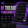 Promotional graphic for AE Toolbar After Effects plugin, showing a large customizable tool panel floating over a dark Premiere Pro interface with purple neon effects and text reading 'AE TOOLBAR', '130+ WORKFLOW TOOLS', and 'CUSTOMIZABLE PANEL'.