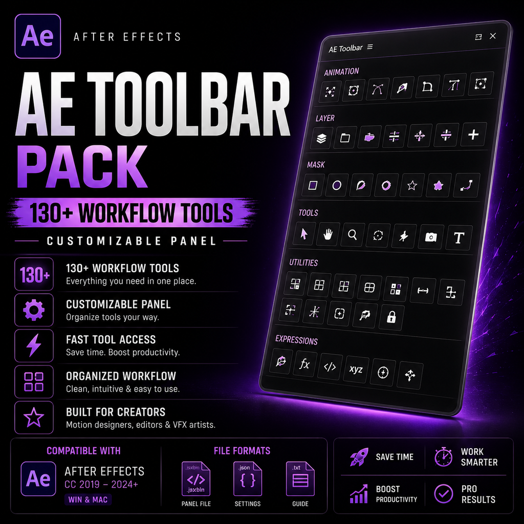 Promotional graphic for the AE Toolbar Pack, showing a customizable dark software toolbar panel on a smartphone-like mockup over a black background with purple glow effects. Large text reads 'AE TOOLBAR PACK', '130+ WORKFLOW TOOLS', and 'CUSTOMIZABLE PANEL', with compatibility badges for After Effects and Windows and Mac.