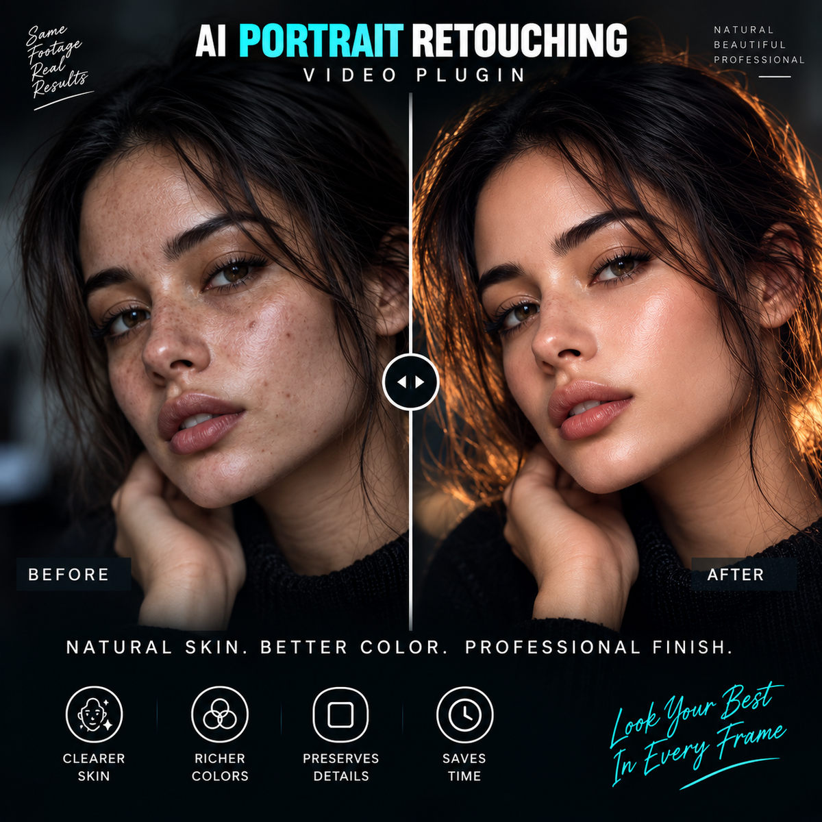 Promotional graphic for an AI portrait retouching video plugin, showing a side-by-side before/after comparison of a woman's face with smoother, more polished skin on the right. Text at the top reads 'AI PORTRAIT RETOUCHING VIDEO PLUGIN' and the bottom includes feature icons such as clearer skin, richer colors, preserves details, and saves time.