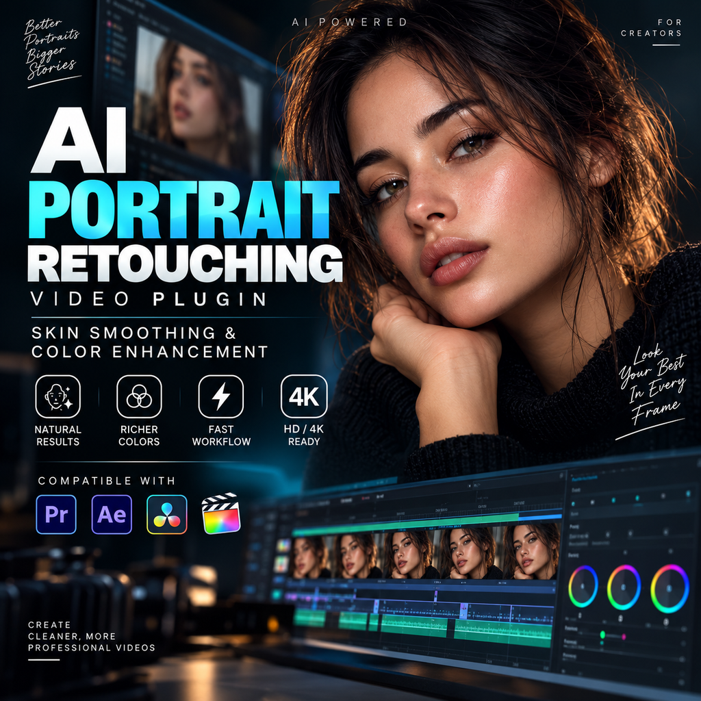 Promotional graphic for an AI Portrait Retouching Video Plugin, featuring a close-up portrait of a woman with edited skin and makeup, software interface screenshots, and text highlighting skin smoothing, color enhancement, and 4K-ready results.