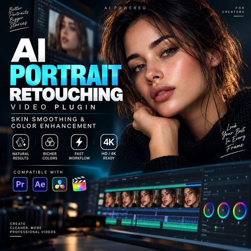 Promotional graphic for an AI Portrait Retouching Video Plugin, featuring a close-up portrait of a woman with edited skin and makeup, software interface screenshots, and text highlighting skin smoothing, color enhancement, and 4K-ready results.