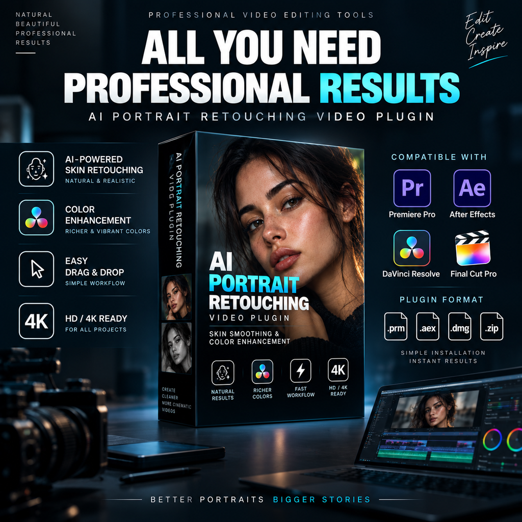 Promotional graphic for an AI Portrait Retouching Video Plugin, showing a software box mockup, compatibility logos for Premiere Pro, After Effects, DaVinci Resolve, and Final Cut Pro, feature icons, and a laptop with editing software on a dark blue background.