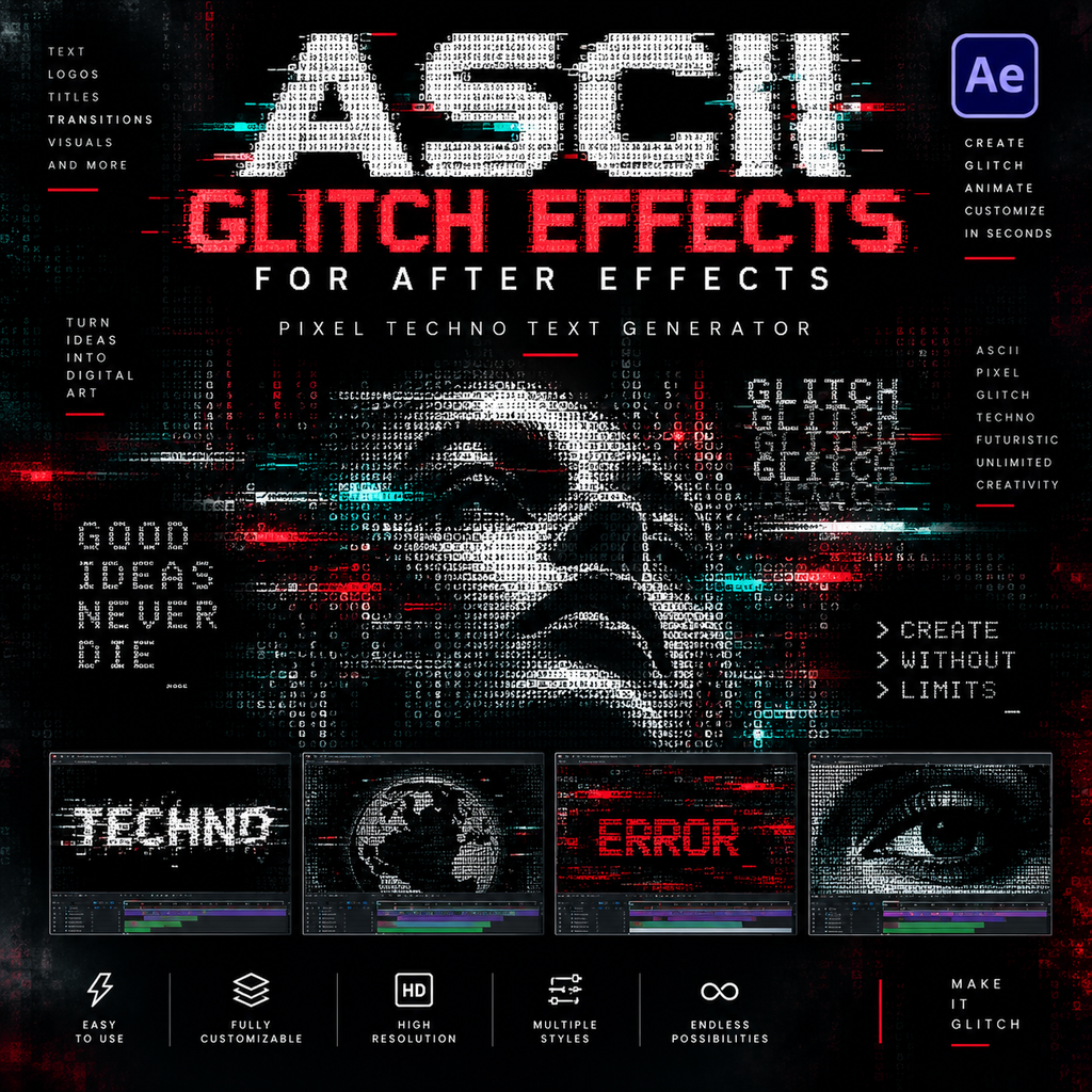 Promotional graphic for a digital After Effects add-on called 'ASCII GLITCH EFFECTS'. The design features a pixelated, glitched portrait of a woman's face, large white and red text, and four sample effect panels showing 'TECHNO', a globe, 'ERROR', and an eye.