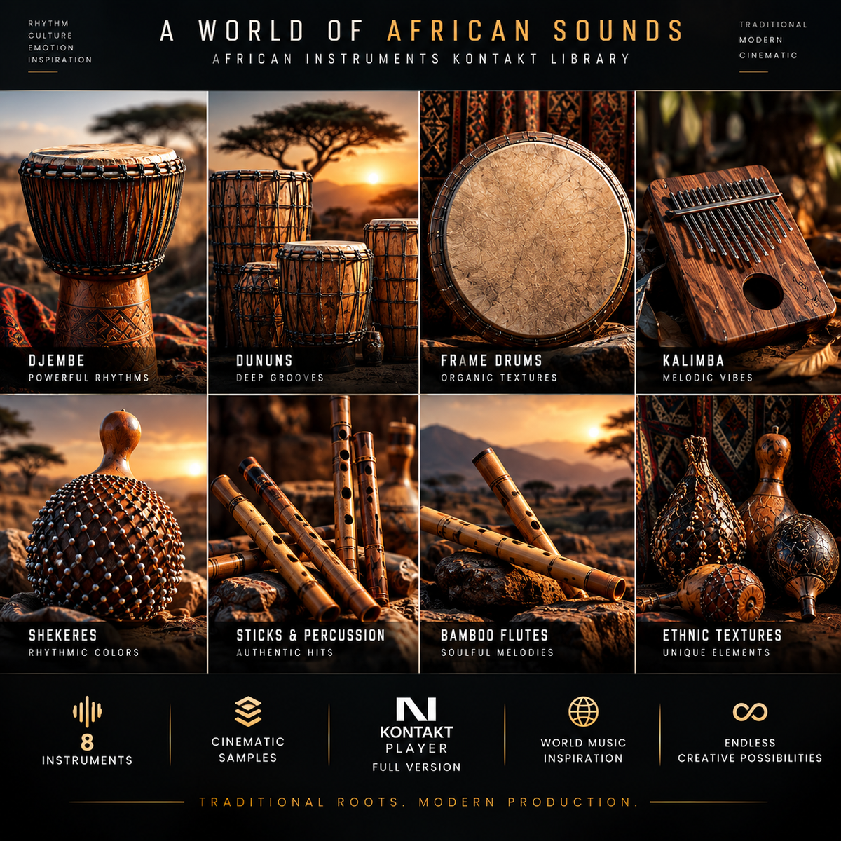 African Instruments Kontakt Library showcasing eight African instruments including djembe, dununs, kalimba, flutes, and percussion.