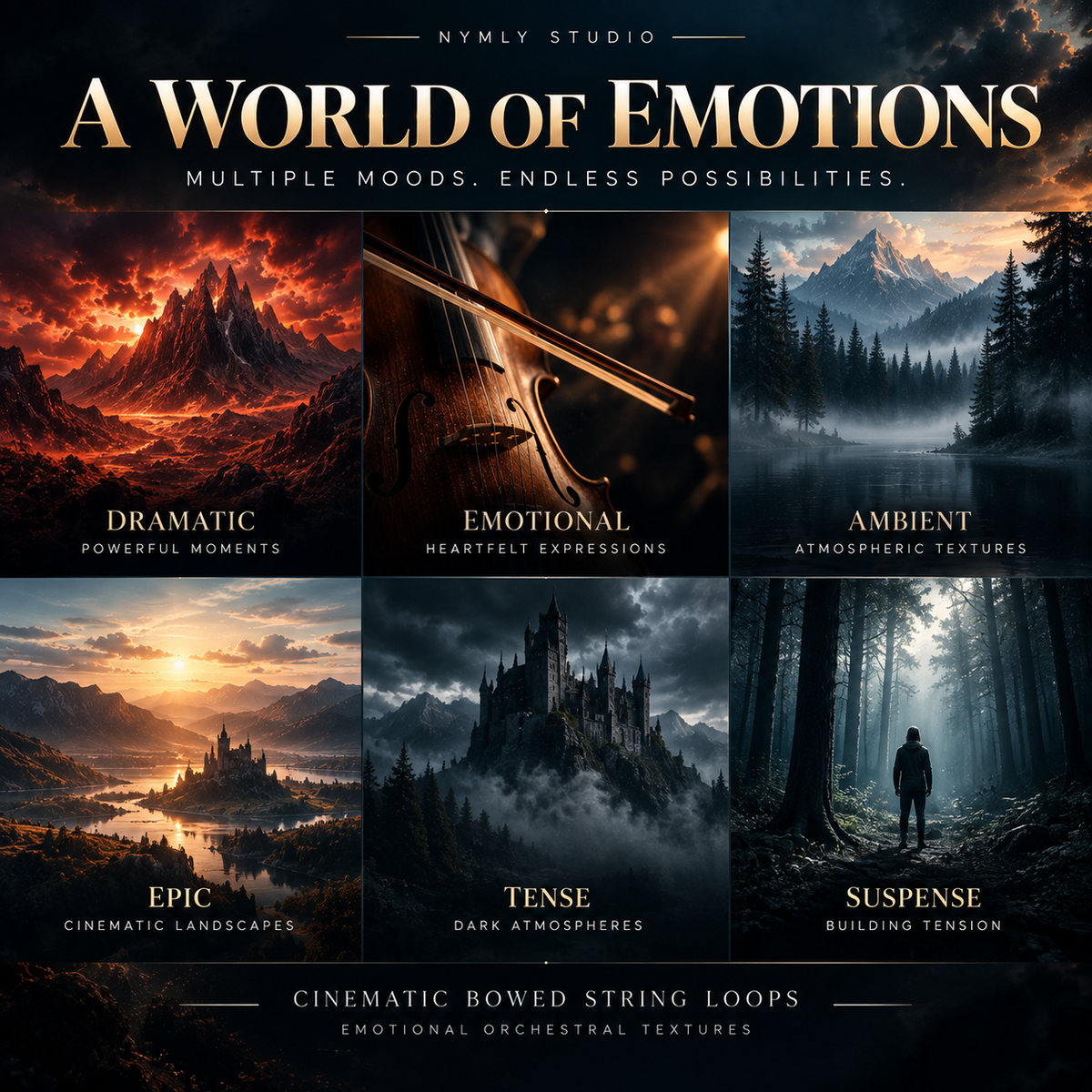 Promotional graphic for a cinematic audio pack titled 'A World of Emotions' by Nymly Studio, showing six mood panels: dramatic fiery mountains, a violin in shadow, misty forest mountains, a castle in fog, a lone figure in a forest, and the text 'Emotional Orchestral Textures.'.