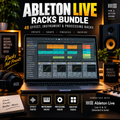 Ableton Live Racks Bundle promotional graphic showing a laptop with the Ableton Live Rack Browser interface on screen, surrounded by headphones, speakers, a mug, and desk accessories. Large text reads 'ABLETON LIVE RACKS BUNDLE' with feature callouts and compatibility for Ableton Live 11 & 12.