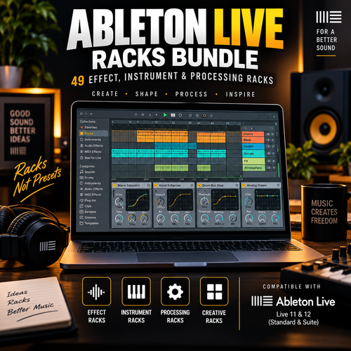 Ableton Live Racks Bundle promotional graphic showing a laptop with the Ableton Live Rack Browser interface on screen, surrounded by headphones, speakers, a mug, and desk accessories. Large text reads 'ABLETON LIVE RACKS BUNDLE' with feature callouts and compatibility for Ableton Live 11 & 12.