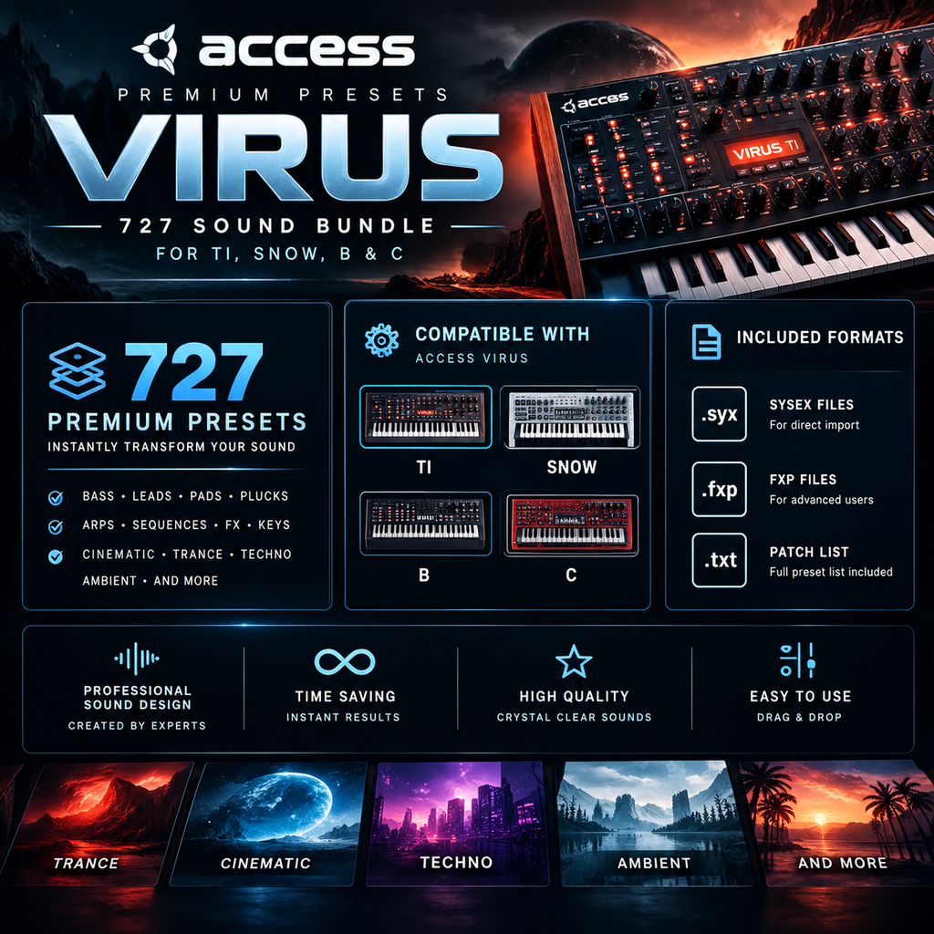 Promotional graphic for the Access Premium Presets Virus 727 Sound Bundle, showing a synthesizer keyboard, preset statistics, compatibility with TI, Snow, and B, included file formats, and genre examples including trance, techno, ambient, and more.