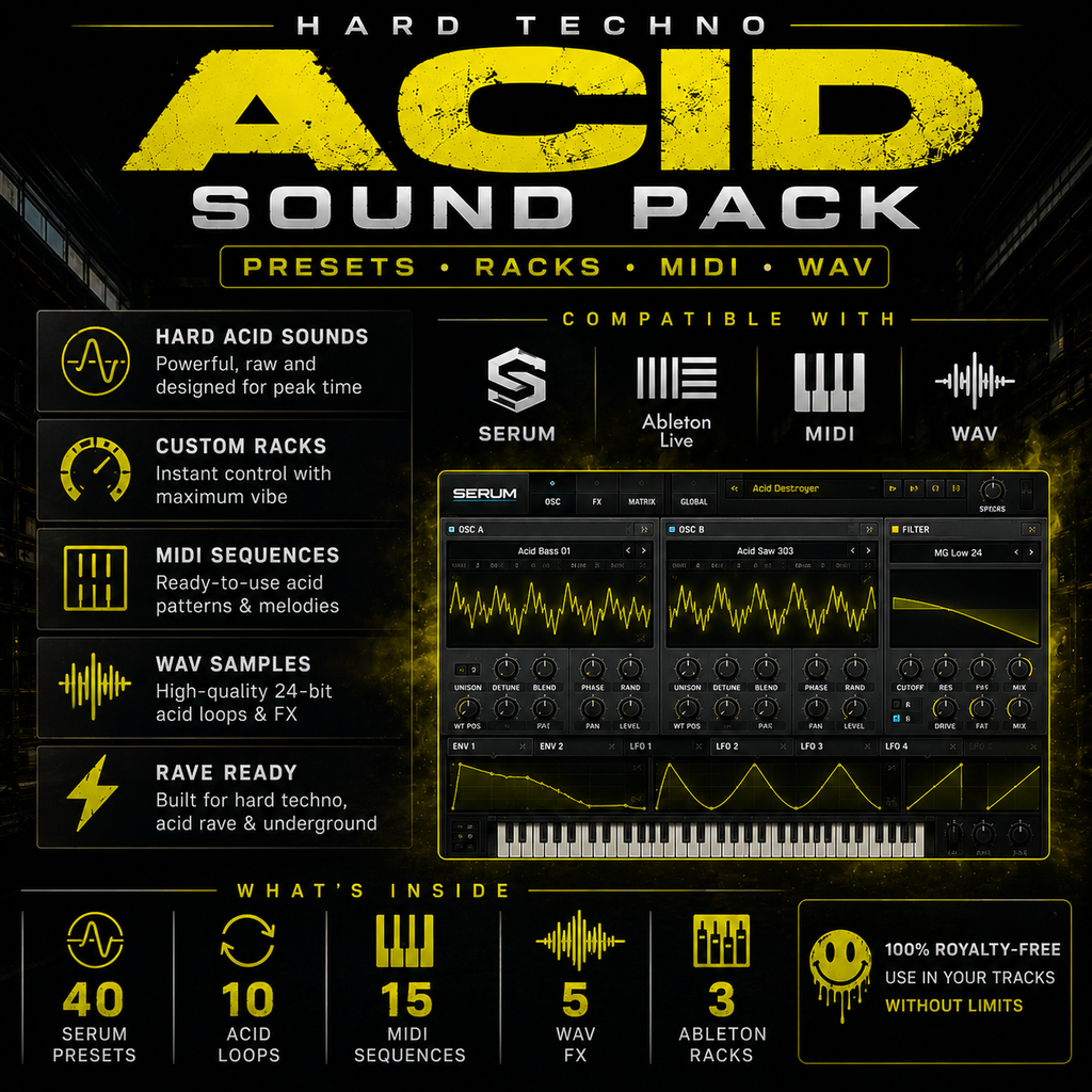 Promotional graphic for the 'Hard Techno Acid Sound Pack' featuring a dark black and yellow color scheme. The design showcases the product's presets, racks, midi sequences, wav samples, and Ableton Live compatibility, complete with a digital interface screenshot and a piano keyboard graphic.