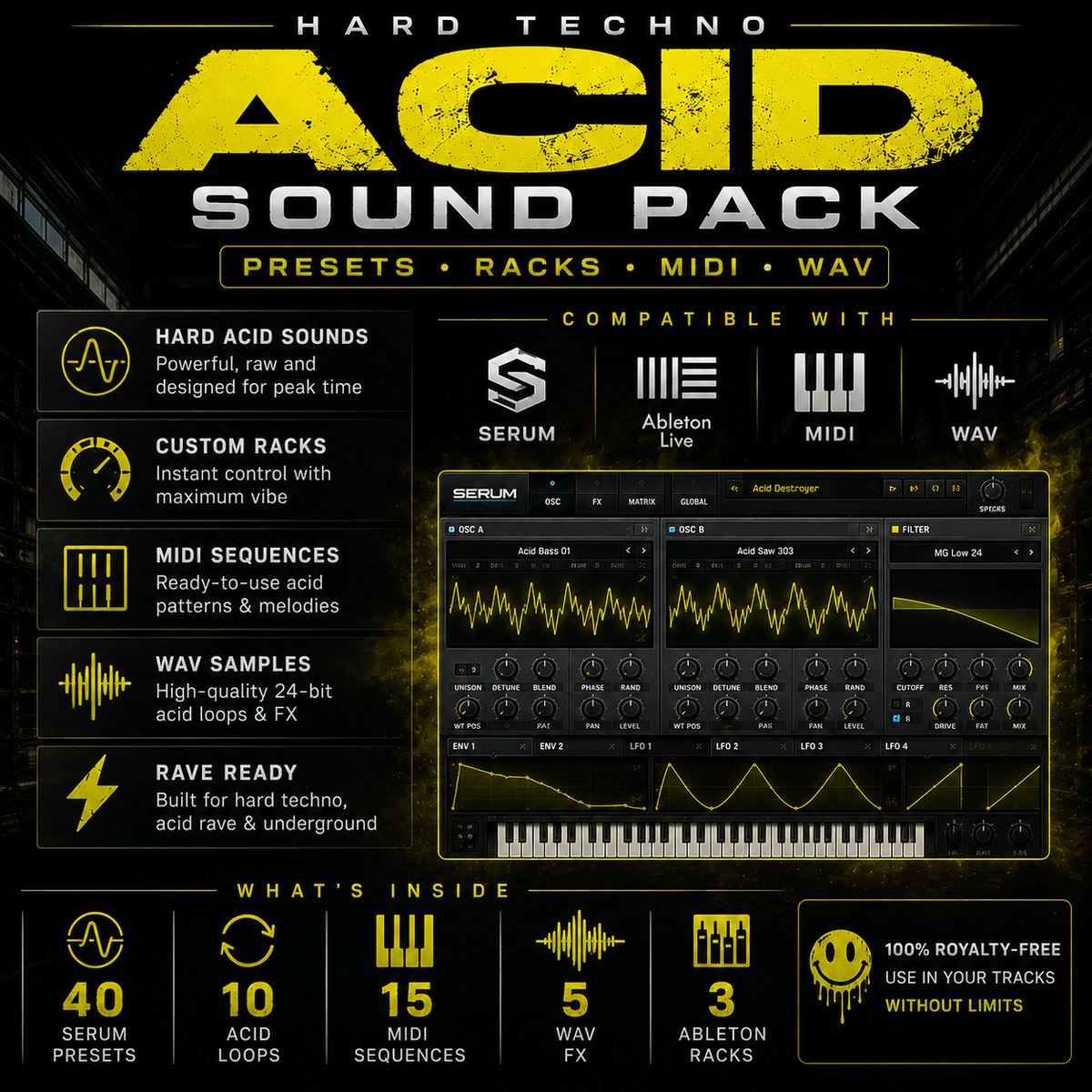 Promotional graphic for the 'Hard Techno Acid Sound Pack' featuring a dark black and yellow color scheme. The design showcases the product's presets, racks, midi sequences, wav samples, and Ableton Live compatibility, complete with a digital interface screenshot and a piano keyboard graphic.