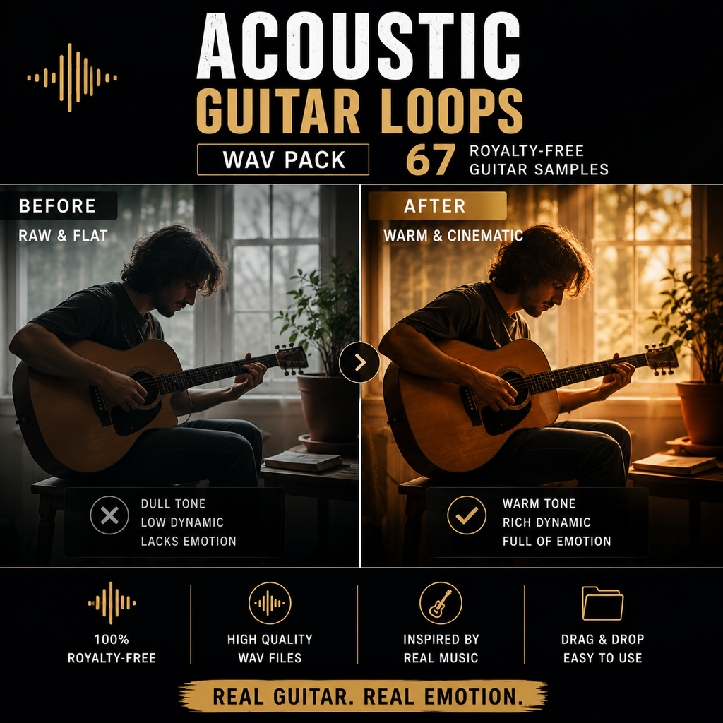 Promotional graphic for a digital product called 'Acoustic Guitar Loops WAV Pack'. The image features a before-and-after comparison of a man playing an acoustic guitar, showing a dull, raw tone on the left and a warm, cinematic tone on the right.
