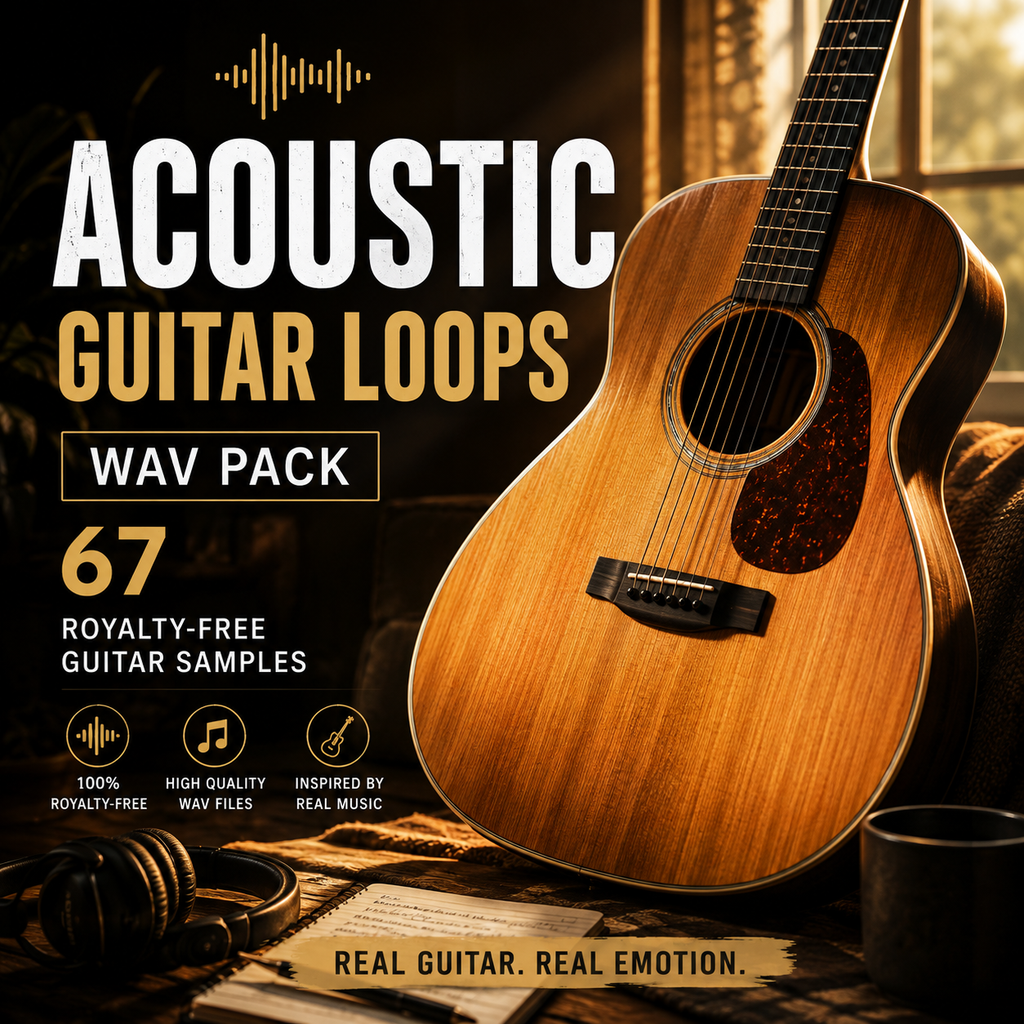Promotional graphic for a digital product, featuring a close-up of an acoustic guitar on a wooden table with headphones and a mug. Bold text reads 'ACOUSTIC GUITAR LOOPS WAV PACK' and '67 ROYALTY-FREE GUITAR SAMPLES'.