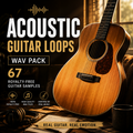 Promotional graphic for a digital product, featuring a close-up of an acoustic guitar on a wooden table with headphones and a mug. Bold text reads 'ACOUSTIC GUITAR LOOPS WAV PACK' and '67 ROYALTY-FREE GUITAR SAMPLES'.