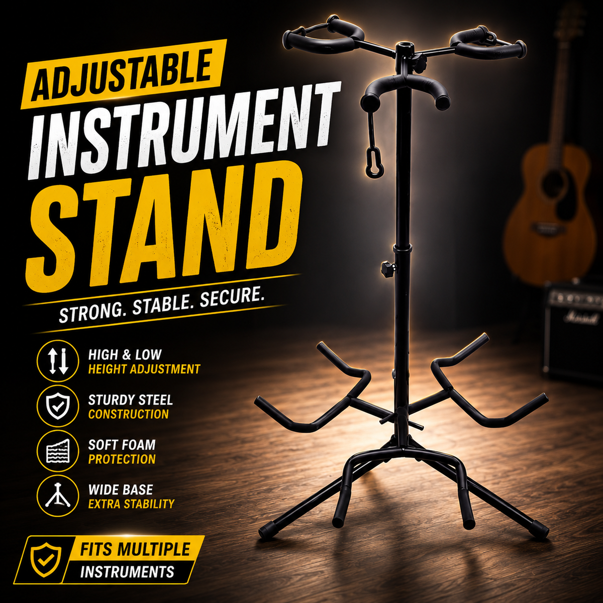 Black metal instrument stand with adjustable headstock and multiple instrument holders, shown on a wooden floor with promotional text and a blurred guitar in the background.