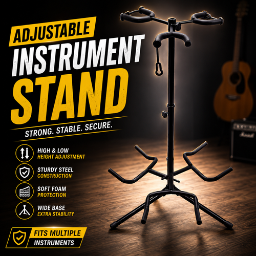 Black metal instrument stand with adjustable headstock and multiple instrument holders, shown on a wooden floor with promotional text and a blurred guitar in the background.