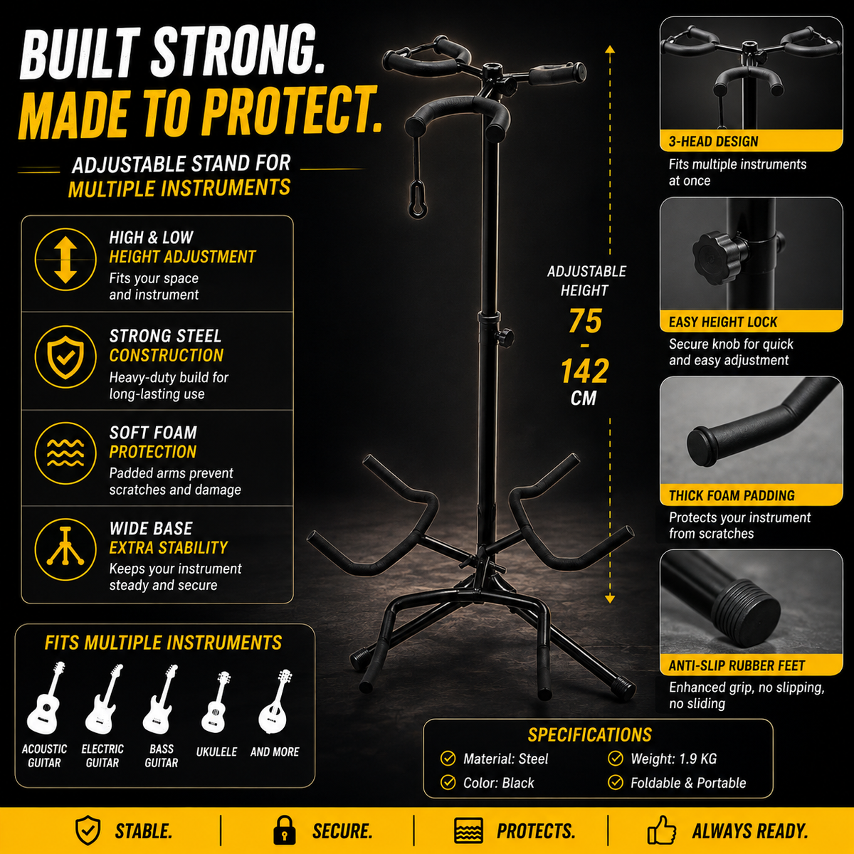 Black metal adjustable guitar stand with a 3-head design, shown on a dark infographic background with feature callouts, dimensions (75 x 142 cm), and specifications.