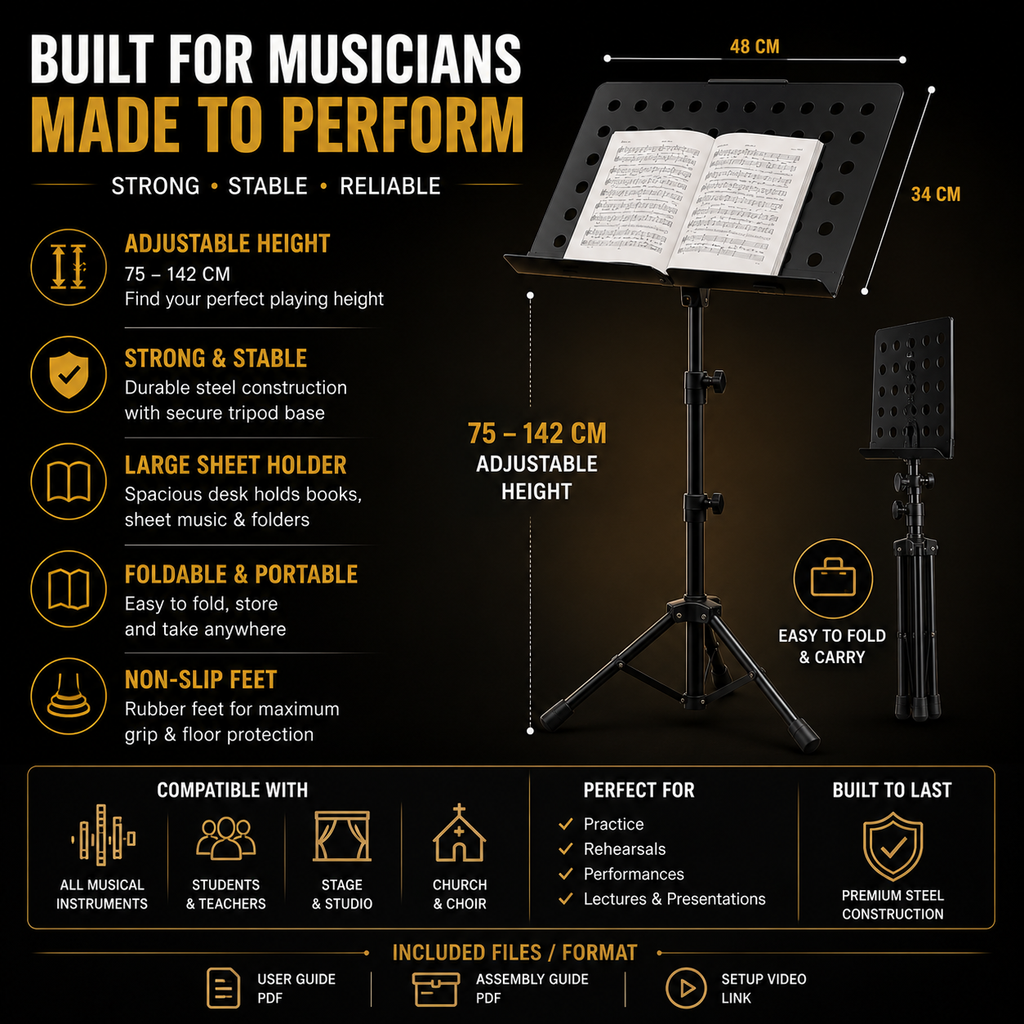 Adjustable Black Steel Music Stand – Sheet Music Holder