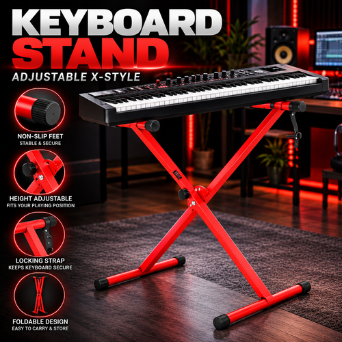 Red X-style keyboard stand holding a black and white digital keyboard in a home studio setting, with large text reading 'KEYBOARD STAND' and feature callouts on the left.