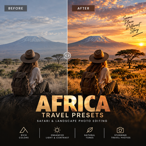 Before-and-after split comparison of a safari landscape photo with a seated person in the foreground, showing the effect of travel photo editing presets. The left side labeled 'Before' has cooler, muted tones, while the right side labeled 'After' has warm golden-hour tones.