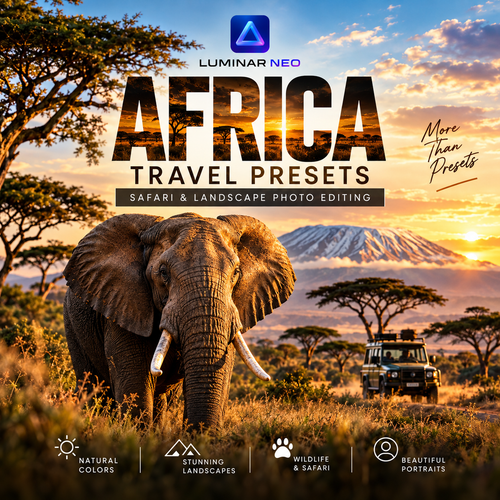 Promotional graphic for Luminar Neo Africa Travel Presets, featuring a golden savanna scene with an elephant, acacia trees, a safari vehicle, and a snow-capped mountain. Large text reads 'AFRICA TRAVEL PRESETS' with smaller 'Safari & Landscape Photo Editing' and 'More Than Presets'.