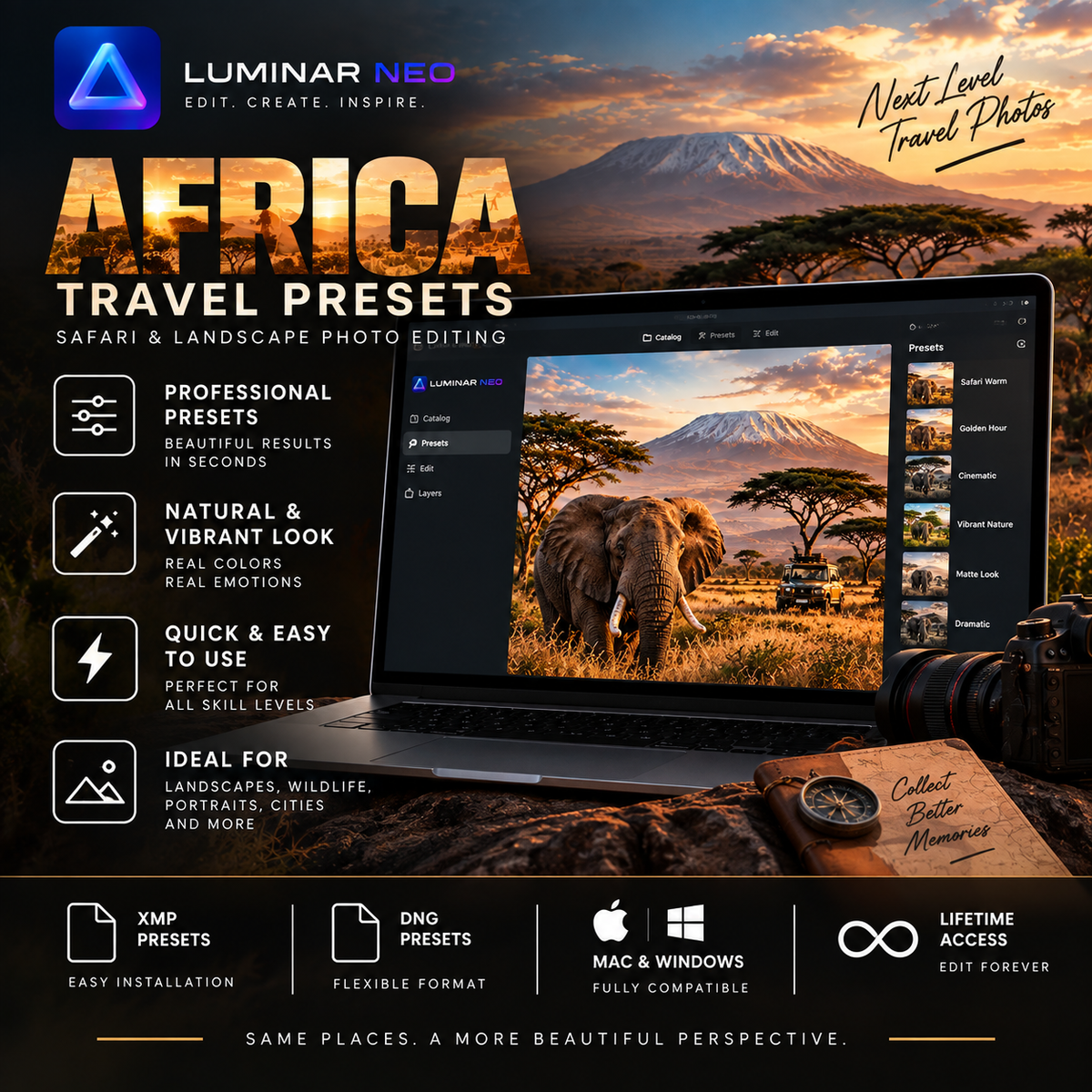 Promotional graphic for Luminar Neo Africa Travel Presets, showing a laptop with safari landscape photo editing on screen, an elephant in a savanna, a mountain backdrop, and feature callouts including professional presets, natural look, quick and easy use, and compatibility with Mac and Windows.