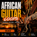 Promotional graphic for a digital product titled 'African Guitar Loops' showing a close-up of a person playing an electric guitar against an African savanna sunset background. The text highlights 'Authentic - Rhythmic - Inspiring' qualities and features a black banner at the bottom with icons for '100% Royalty Free', 'WAV Format', 'Afrobeat Hip Hop World Music', and 'Instant Download'.