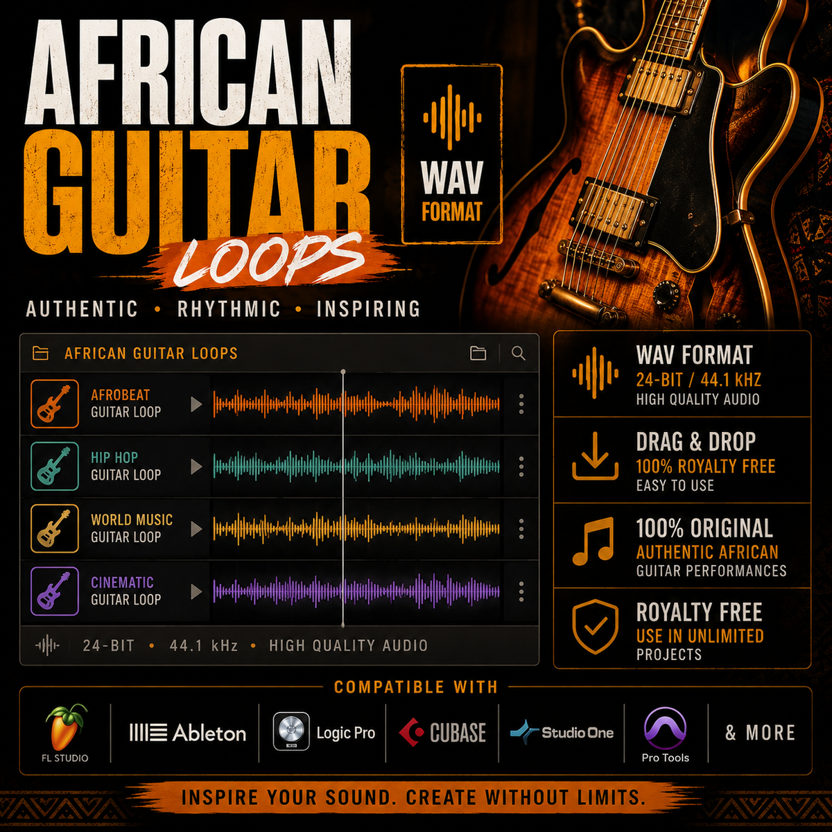 Promotional graphic for 'African Guitar Loops' WAV format audio samples, featuring a sunburst electric guitar on a dark background, waveform previews, and compatibility badges for FL Studio, Ableton, Logic Pro, Cubase, Studio One, and Pro Tools.
