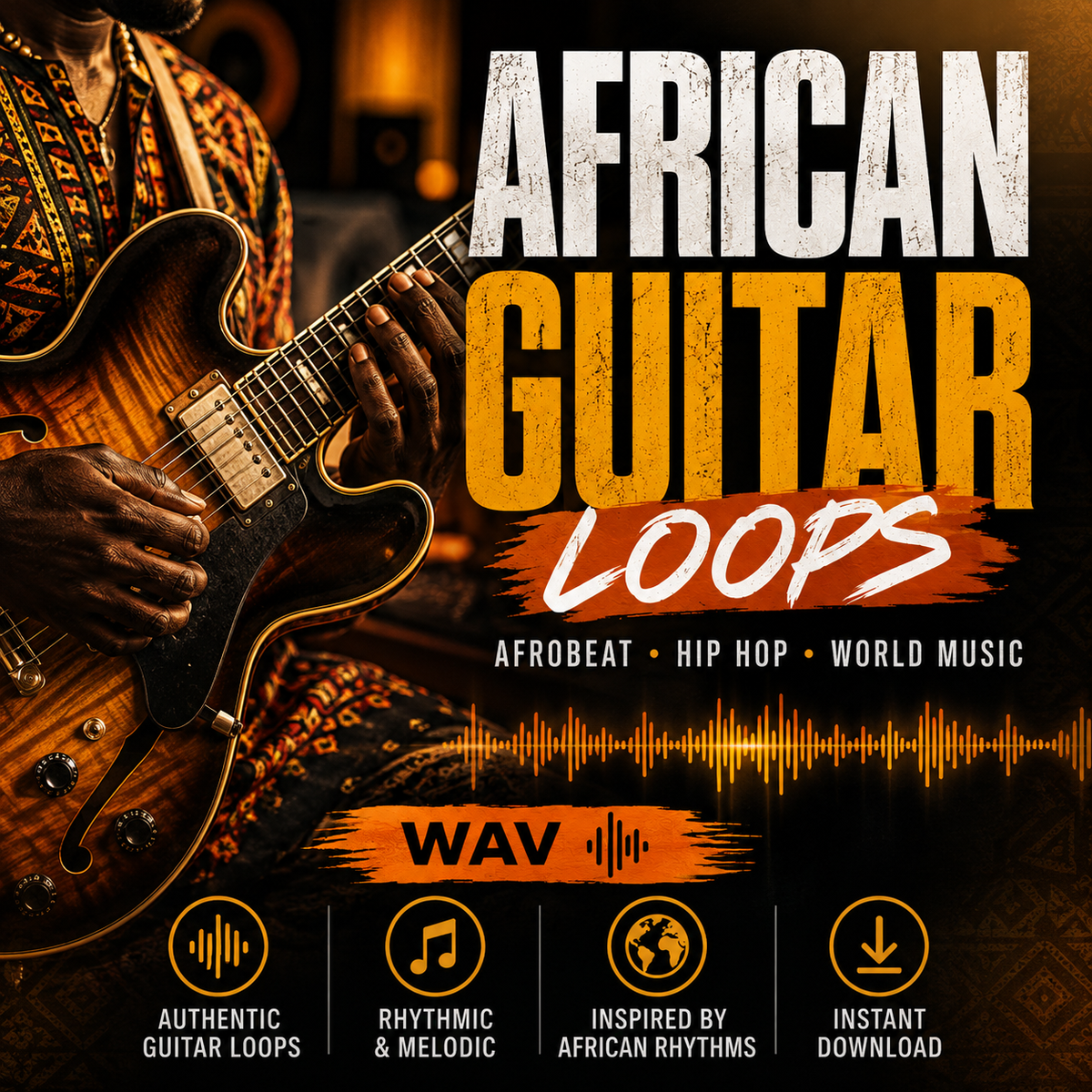 Promotional cover art for a music loop pack titled 'African Guitar Loops' with a guitarist holding an electric guitar on the left, large distressed text, a waveform graphic, and four feature callouts at the bottom.