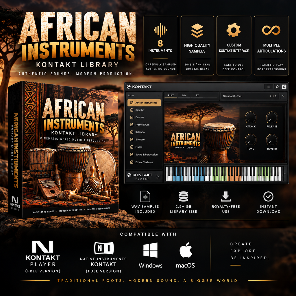 African Instruments Kontakt Library showing 8 instruments, Kontakt interface, WAV samples, and Windows and macOS compatibility.
