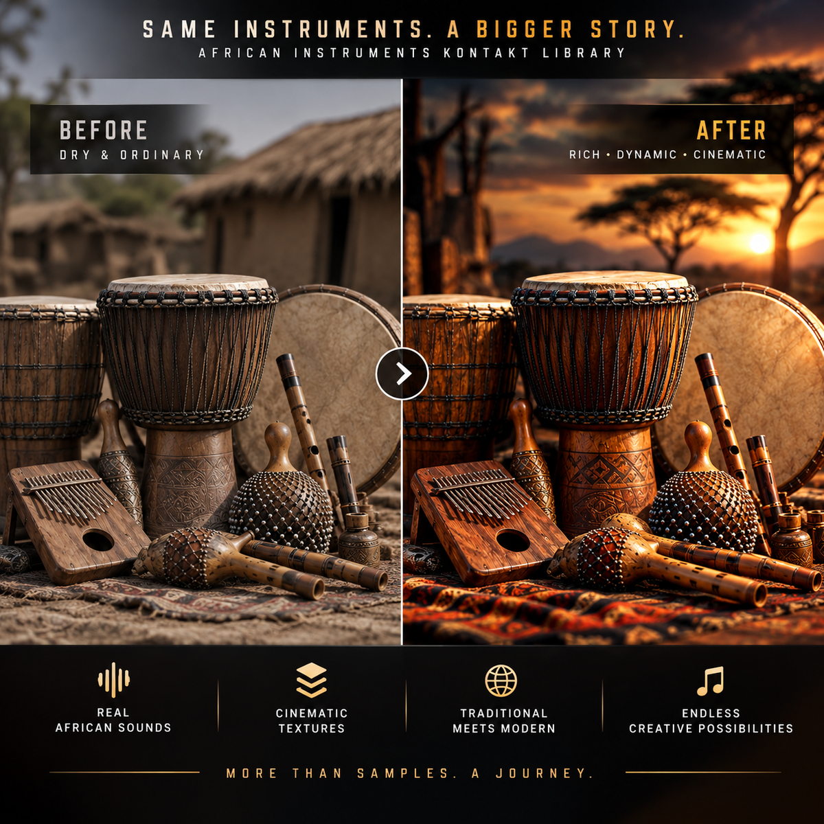 African Instruments Kontakt Library before and after showing dry percussion transformed into rich cinematic world music textures.