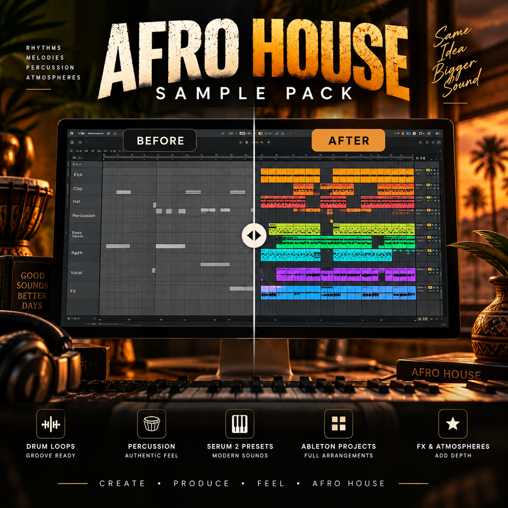 Promotional graphic for the AFRO HOUSE Sample Pack, showing a computer monitor with a split before/after audio arrangement comparison, surrounded by warm sunset lighting, headphones, and a keyboard. Large text reads 'AFRO HOUSE SAMPLE PACK' with feature callouts along the bottom.