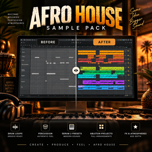 Promotional graphic for the AFRO HOUSE Sample Pack, showing a computer monitor with a split before/after audio arrangement comparison, surrounded by warm sunset lighting, headphones, and a keyboard. Large text reads 'AFRO HOUSE SAMPLE PACK' with feature callouts along the bottom.
